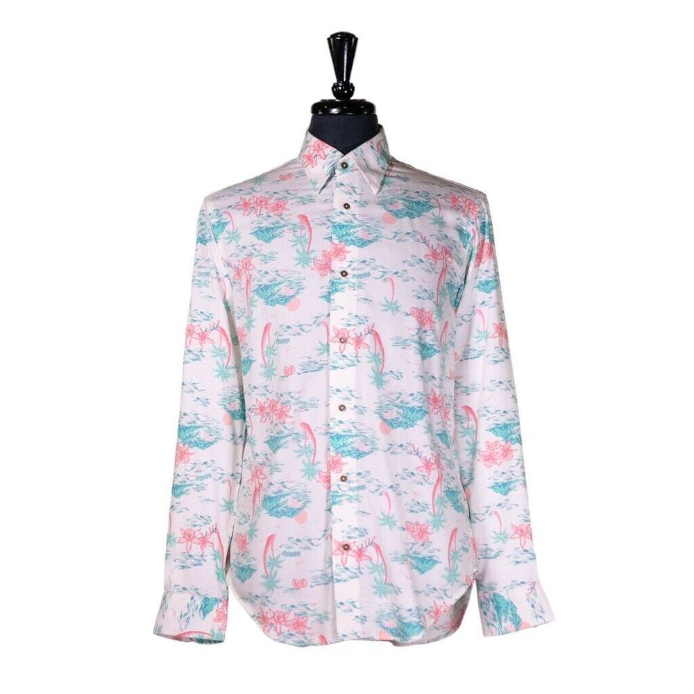 Mens Shirt Button Up White Blue Pink Floral Casual Hawaiian Beach Party Medium